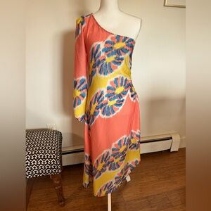 Anthropologie One-Shoulder Coral Yellow Blue Dress with side cutout size Small